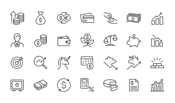 Financial and Money Investment related icon set - Editable stroke, Pixel perfect at 64x64