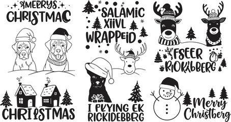 Whimsical holiday cartoon animals, festive snow scenes, funny Christmas greetings, winter pets in Santa hats, reindeer, snowmen, pine trees, vector illustration