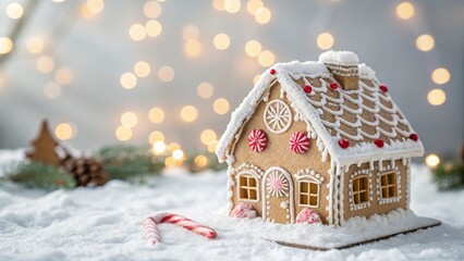 Festive gingerbread house with candy cane and pinecone in snow