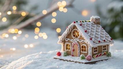 Gingerbread house decorated with icing and candy in snowy setting