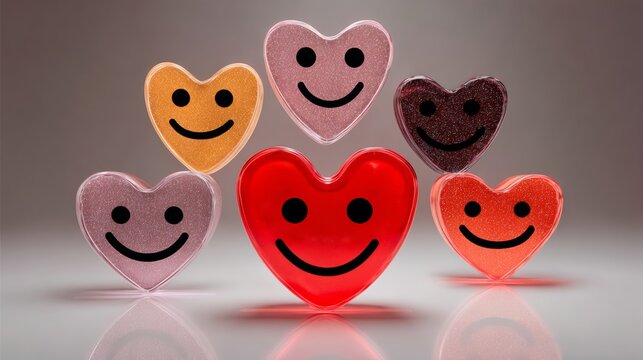 Row of heart-shaped candies with smiling faces on them. The candies are arranged in a row, with the red one in the middle and the others surrounding it. The candies are all smiling