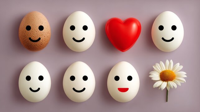 Group of eggs with different expressions, including a smiling egg and a frowning egg. A heart is also present in the image, placed between the eggs. Scene is lighthearted and playful - Powered by Adobe