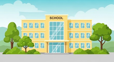 Sunny Day Elementary School Building Exterior With Trees and Blue Sky