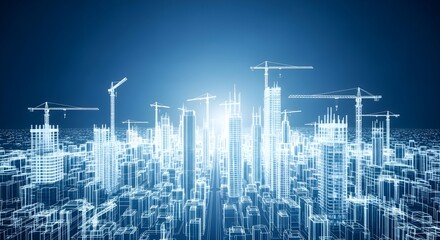 Dynamic wireframe blueprint of a thriving city skyline, perfect for architectural designs and urban development concepts