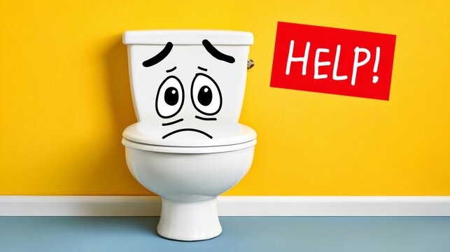 Toilet with a sad face and the words HELP! written on it. Concept of urgency and distress, as if someone is in need of immediate assistance