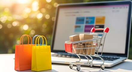 Shop online with ease using laptop, vibrant shopping bags, and mini cart filled with boxes for a convenient experience