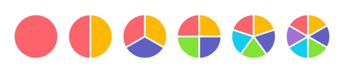 Colorful pie chart icons in various stages, representing data visualization and statistical analysis