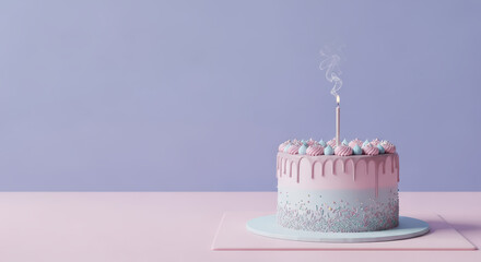 Birthday. Birthday cake with pink frosting and decorative elements, featuring a lit candle, set against a soft pastel background, perfect for children's celebrations and joyful moments