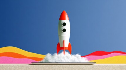 Rocket is launched into the sky, with a colorful background and a sense of excitement and adventure