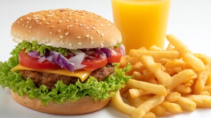 Tempting veggie burger with crispy potato wedges and chilled juice on white background wideangle shot