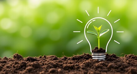 Sustainable energy solutions sprout with seedlings growing in bulb drawing, symbolizing renewable power and environmental innovation