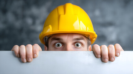Construction worker peeking with wide surprised eyes