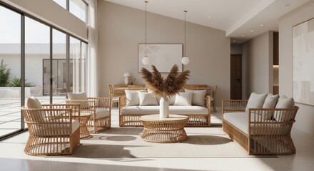 Modern minimalist living room with natural wood furniture and large glass windows