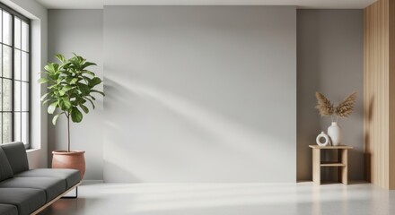 Modern minimalistic interior design featuring a spacious room with large window and decorative