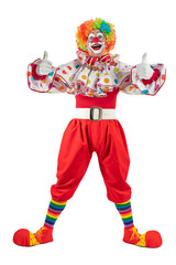Funny clown thumbs up, man entertainer as Joker in a suit and wig, with clown whiteface makeup. Trickster, jester, pantomime, mime, and a professional actor at events