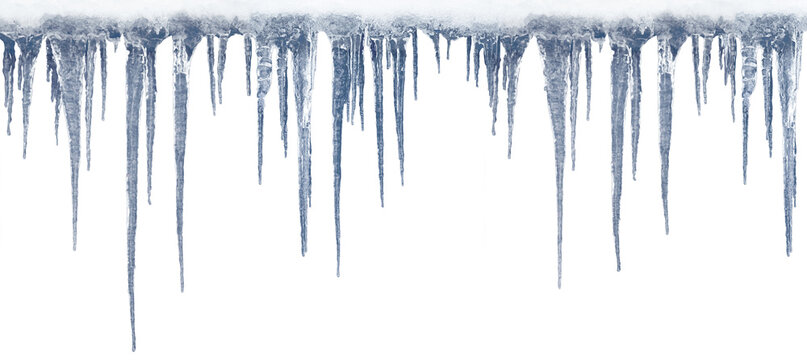Long icicles on isolated background for overlaying on a dark background.