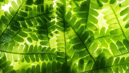 Vibrant green fern fronds creating a lush botanical canopy with soft light filtering through leaves, perfect for backgrounds
