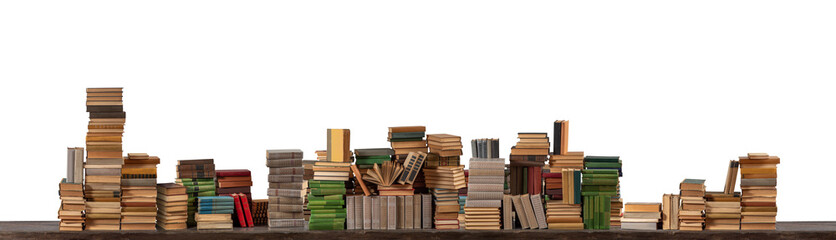 Stacks of many books on a shelf or table on an isolated background. Concept of library, reading, old classic literature