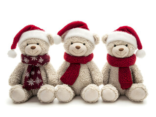 Three teddy bears wearing Santa hats and scarves sitting on white background