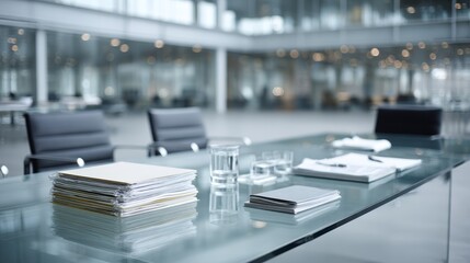 Modern minimalist workspace with glass desk, scattered stationery, and soft bokeh lights creating an inspiring professional environment