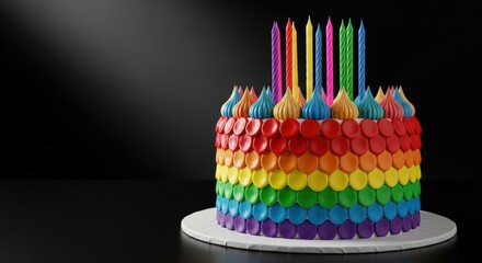 Birthday. Colorful birthday cake decorated with vibrant icing and candles, showcasing a festive design, perfect for children's celebrations and joyful gatherings