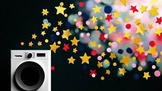 White washing machine is surrounded by a shower of stars. The stars are scattered all over the machine, creating a sense of chaos and disorder. The image conveys a feeling of excitement and energy