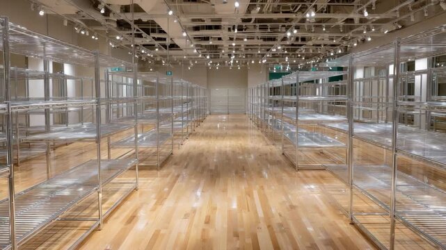 3Empty clothing store with rows of glossy metal racks, soft lighting highlighting polished flooring, minimalistic retail design