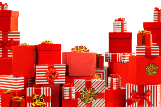 Christmas, New Year gift boxes for holidays promotions. Red and striped wrappers, lush bows on isolated background.