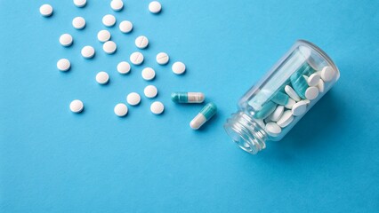 White pills and capsules spilling out of a clear bottle