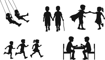 Children playing silhouette set, kids running, swinging, walking, and playing games, childhood friendship and fun outdoor activity vector illustration concept design