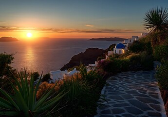Sunset over the sea in santorini, greece with white buildings and plants