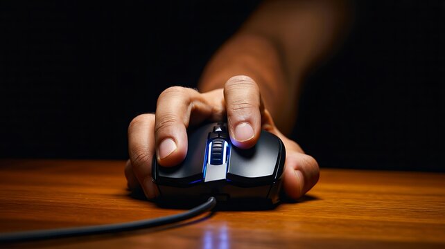 Hand holding computer mouse on wooden desk for digital control
