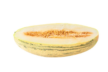 Fresh ripe yellow melon cut in half isolated on transparent background, perfect for design, food concepts, summer themes and healthy nutrition ideas.