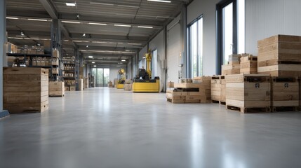 Modern warehouse with robotic arm stacking wooden crates, bright lighting, organized shelves, and spacious interior conveying efficiency and industrial innovation