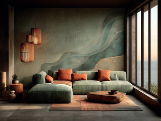 Modern living room in Japandi style