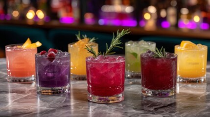 Vibrant assortment of colorful mocktails garnished with fresh fruit and herbs on sleek marble bar counter with blurred neon lights in the background, showcasing mixology artistry and refreshing bever