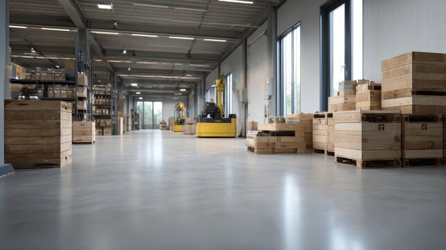 Modern warehouse with robotic arm stacking wooden crates, bright lighting, organized shelves, and spacious interior conveying efficiency and industrial innovation