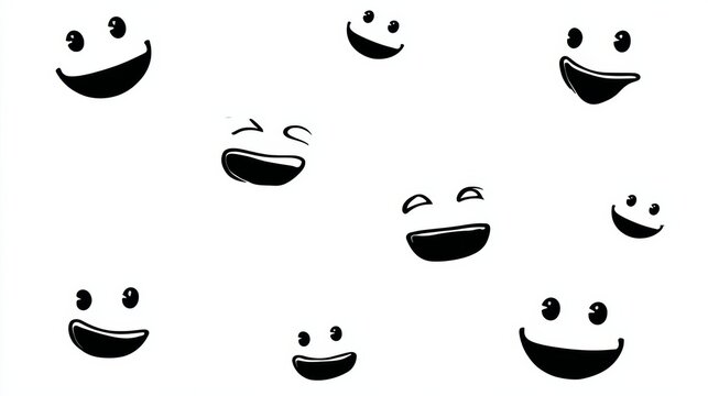 Row of cartoon faces with big smiles on them. The faces are all different sizes and are arranged in a row - Powered by Adobe