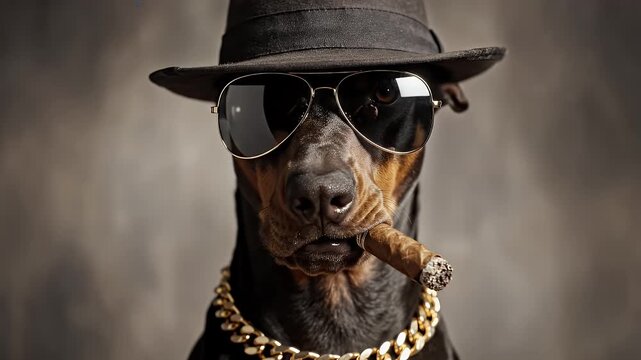 Doberman Dog Wearing Sunglasses and Hat Holding a Cigar with Gold Chain Necklace on a Gray Backdrop