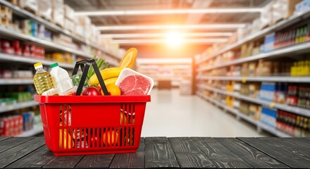 Fresh groceries in red basket offer healthy eating choices from supermarket aisle with meat, vegetables, fruit and dairy