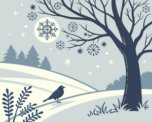 Winter landscape with bird and snowflakes