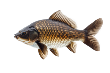 A brown carp fish isolated on transparent background, showcasing its scales and fins, a common freshwater fish often found in ponds and lakes worldwide