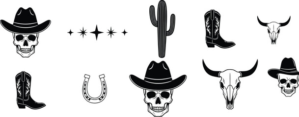 Black and white graphic illustration of western cowboy skull boots cactus and bull skull elements