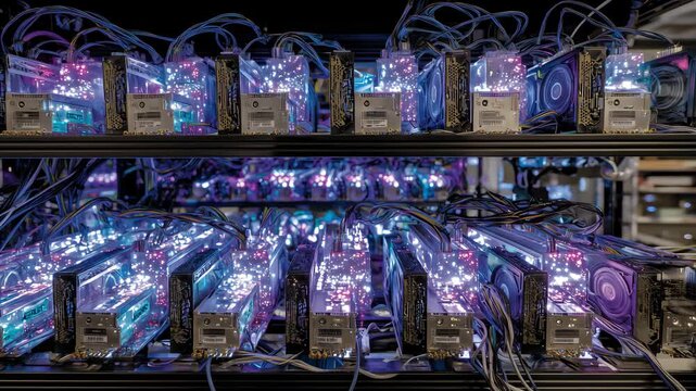 10Mining rig filled with dozens of high-end GPUs mounted on aluminum frames, glowing with electric hues