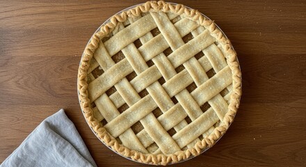 Delicious homemade pie with lattice crust, golden brown, ready to serve, fruit filling, dessert treat