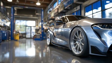 11Sleek silver sports car in an advanced auto repair bay, focus on wheel alignment machinery and glossy floor reflections, modern architecture of the workshop visible in background,