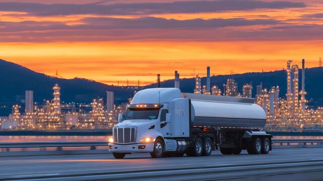 11Tanker truck silhouetted against refinery at golden hour, smoke stacks releasing gentle haze, reflective road amplifying fiery tones of sunset sky, cinematic industrial vista