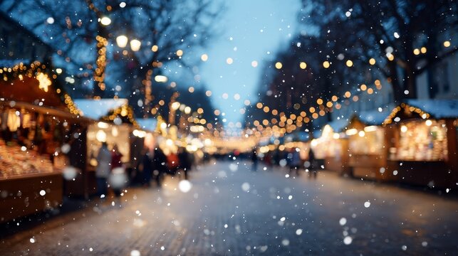 Vibrant winter market scene with twinkling lights, snowflakes falling gently alongside wooden stalls displaying handmade ornaments, festive atmosphere, and cozy holiday spirit, copy space on right