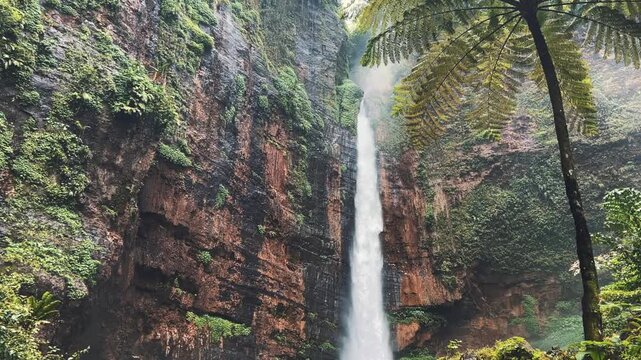 Koban Kapas Biru is a waterfall in the tropical jungles of East Java, descending from a high cliff into a lush green canyon surrounded by tropical forests with vibrant vegetation.Lumajang River. 4К