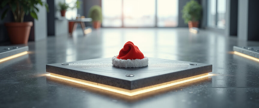 Santa's hat resting on a modern concrete base in an indoor setting  